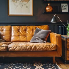 Luxurious Leather Couch in Stylish and Inviting Living Room with Textured Accents