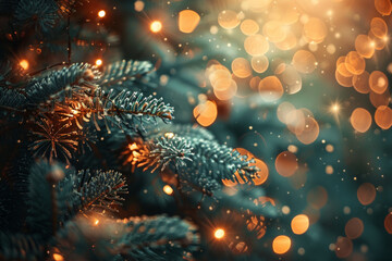 Fototapeta premium Enchanting Winter Fir Branches with Twinkling Golden Bokeh Lights