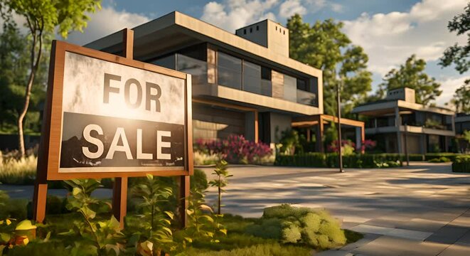 notice board in front of the new modern luxsury house with the name "FOR SALE"