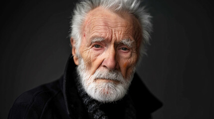 Retrato de un hombre mayor  con pelo canoso sobre fondo negro