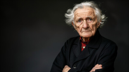 Retrato de un hombre mayor  con pelo canoso sobre fondo negro - obrazy, fototapety, plakaty