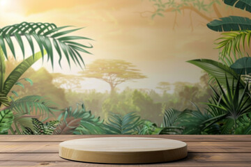 A wild African safari podium with savannah landscape and wildlife for travel and adventure products