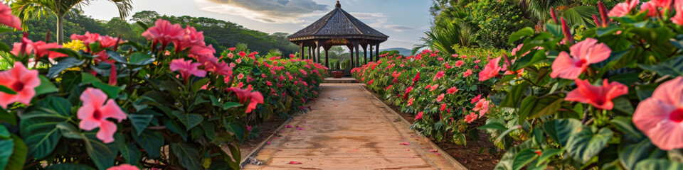 Serene Garden Path with Vibrant Hibiscus Flowers Leading to Gazebo