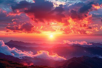 Majestic Sunrise Over Mountainous Landscape with Vibrant Skies - obrazy, fototapety, plakaty