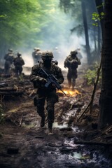 A group of soldiers, part of a tactical unit, are seen navigating through a dense forest environment. They appear to be on a mission, with a focus on securing the area and ensuring safety