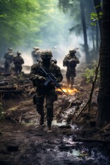 Naklejka premium A group of soldiers, part of a tactical unit, are seen navigating through a dense forest environment. They appear to be on a mission, with a focus on securing the area and ensuring safety