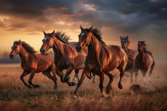 Horses galloping in field at sunset, creating a picturesque natural landscape