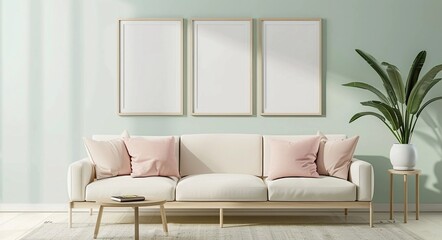 Fototapeta premium Interior with flower tree in pot modern design, room design with sofa and pictures, green walls, background for advertisement, cover. Fashion concept.