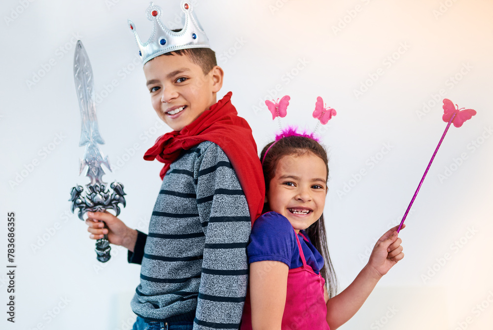 Canvas Prints Dress up, playing and portrait of children in costume for sibling bonding, relax and fun together. Family, happy and girl and boy for childhood, youth and playful on holiday, weekend and vacation