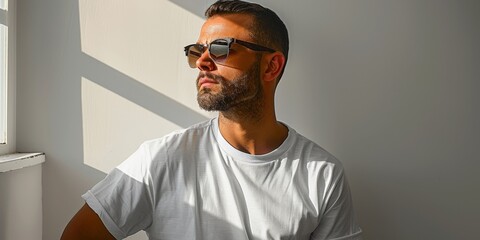 Man wearing sunglasses looking out window