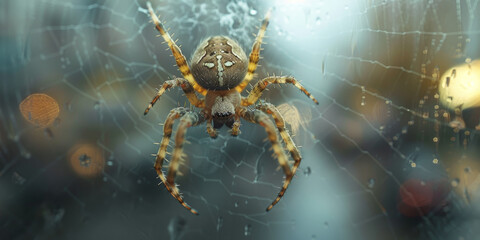 Close-Up of Spider on Web with Raindrops and Bokeh Background - obrazy, fototapety, plakaty