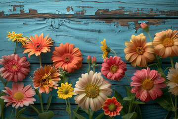 Vibrant Daisy Flowers on Rustic Blue Wooden Background