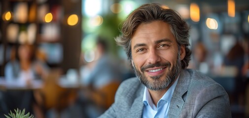 Fototapeta premium portrait of businessman smiling with confident at modern office, Generative Ai