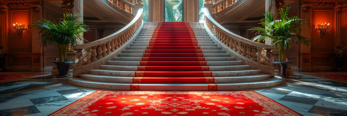 Majestic Grand Staircase with Red Carpet in Luxurious Interior