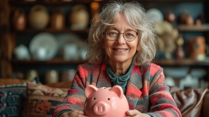 close up portrait of happy elderly woman with pink piggy bank, happy retirement, financial planning for silver gen, Generative Ai
