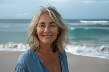 A woman with gray hair is smiling at the camera on a beach. She is wearing a blue shirt and she is enjoying her time at the beach