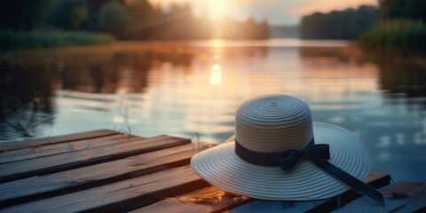 Serene Lakeside Sunset with Elegant Summer Hat on Wooden Pier
