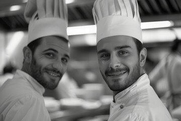 Smiling Chefs in Professional Kitchen: A Portrait of Culinary Expertise - obrazy, fototapety, plakaty
