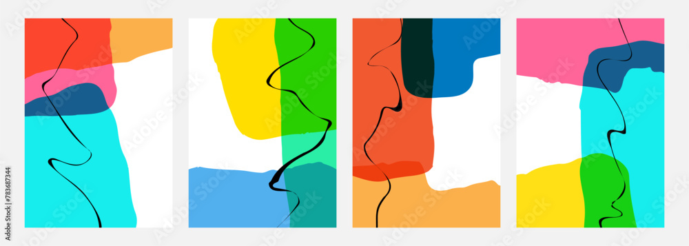 Poster Set of abstract backgrounds with various curved bright colored shapes and black wavy lines for creative graphic design. Vector illustration.