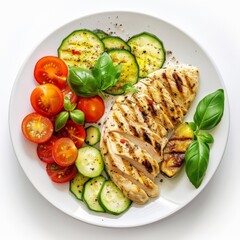 White plate with chicken, cucumbers, and tomatoes