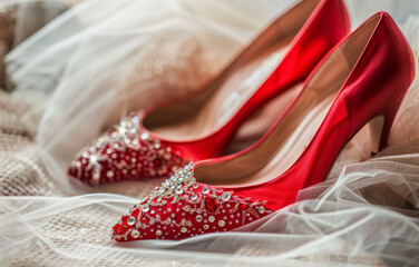 Elegant Red Bridal Heels with Crystal Embellishments on Delicate Fabric