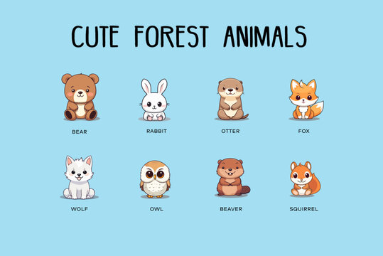 collection of chibi cute forest animals flat colourful illustration