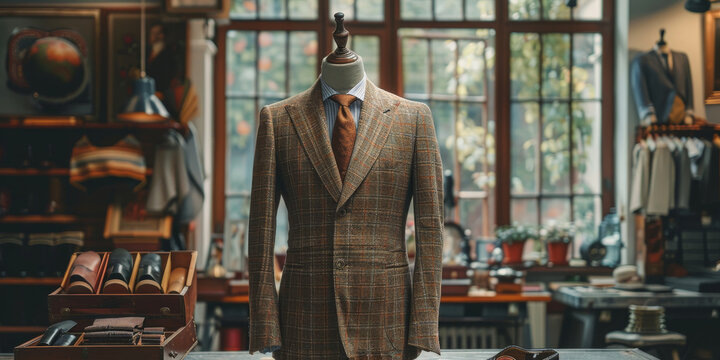 Elegant Tailored Tweed Suit on Mannequin in Classic Menswear Shop
