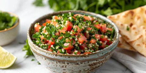 Fresh Homemade Tabbouleh Salad in Rustic Bowl