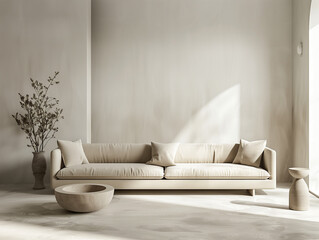 A serene beige living space with a sofa, dried flowers, and sculptural furniture.