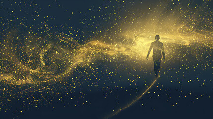 Silhouette of a man standing on a glowing background with particles