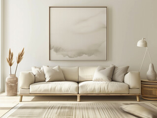 An elegant living room setup with a beige sofa, abstract art, a floor lamp, and dried plants.