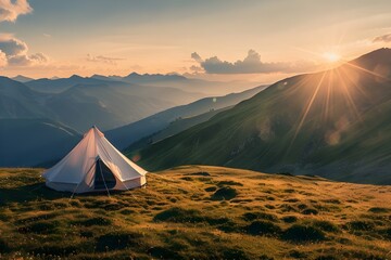 tent in the mountains at sunset - obrazy, fototapety, plakaty