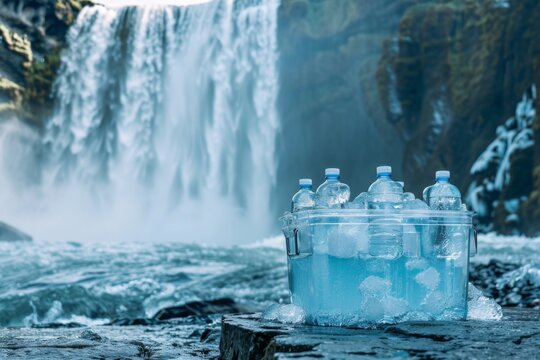 A waterfall flows behind a bucket of ice and water bottles