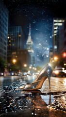 Enchanted evening in the city with a sparkling stiletto, reminiscent of a Cinderella fairytale