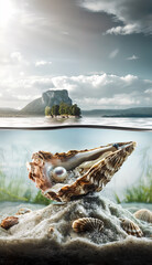 Serene lakeside landscape with a mystical oyster pearl, a symbol of natural beauty and tranquility