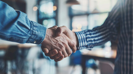 Men shaking hands, tech success, creative business environment