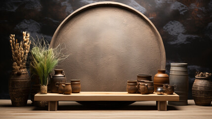 A round clay backdrop with a wooden table and various clay and metal pots and jars in front of it.