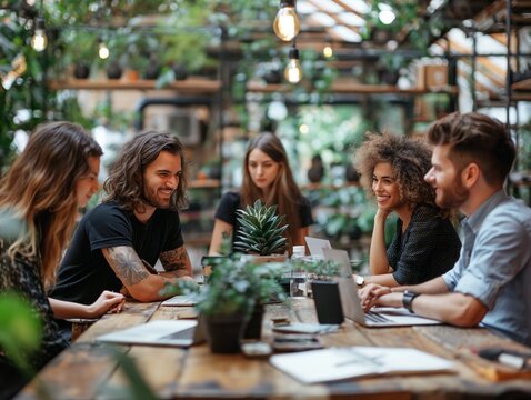 A Group Of People Are Sitting Around A Table In A Greenhouse, Smiling And Laughing. There Are Several Potted Plants Around The Table, And A Few Laptops Are Open. The Atmosphere Is Relaxed And Friendly