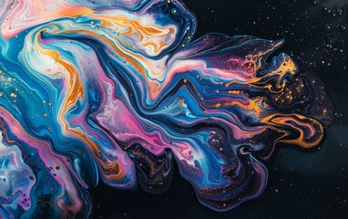 A colorful painting with a blue and gold swirl
