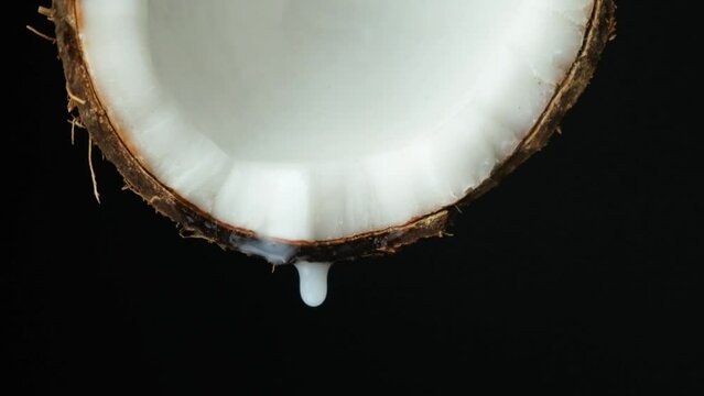 Coconut water juice dripping from half of a coconut on black background slow motion.