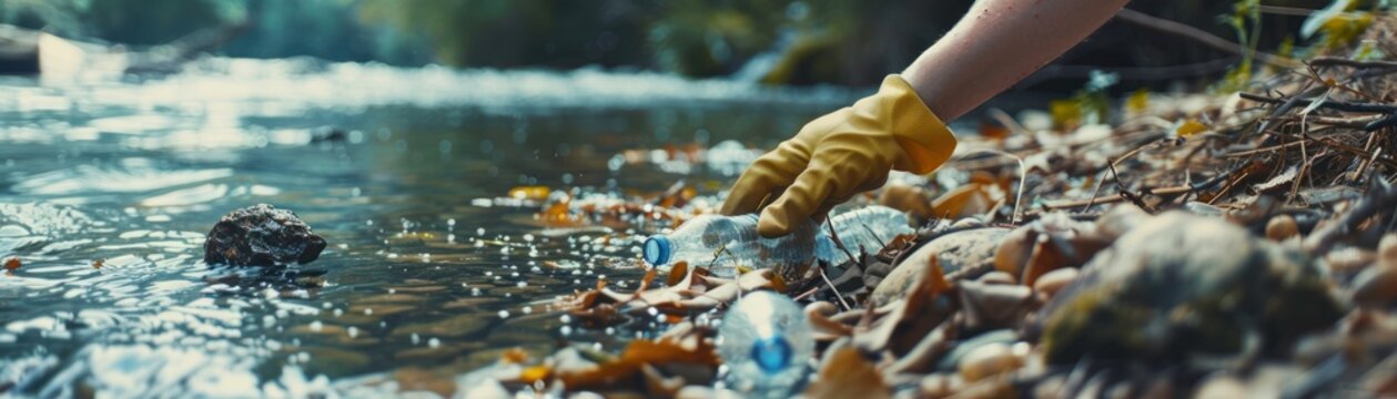 A panoramic close-up of hands in gloves picking up plastic bottles and trash from a riverbank, highlighting the urgency and collective responsibility of water pollution cleanup.
