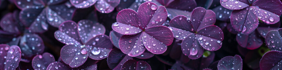 Dew-Kissed Purple Clover Leaves Close-Up Panorama