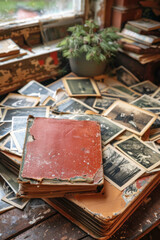 Naklejka na ściany i meble Vintage Photo Album and Old Photographs on a Rustic Table