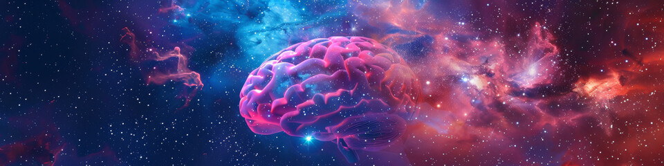 Vibrant Cosmic Mind: Brain in Abstract Space Nebula - obrazy, fototapety, plakaty