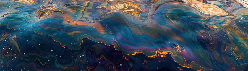 Abstract iridescent oil spill on water surface. Pollution and environment concept for design and print - obrazy, fototapety, plakaty