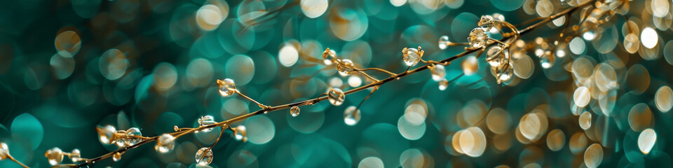 Fototapeta na wymiar Golden Dewdrops on Twigs Against a Bokeh Background