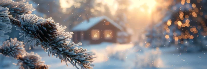 Zelfklevend Fotobehang Enchanting Winter Cabin Retreat Amidst Snow-Covered Pines at Dusk © smth.design