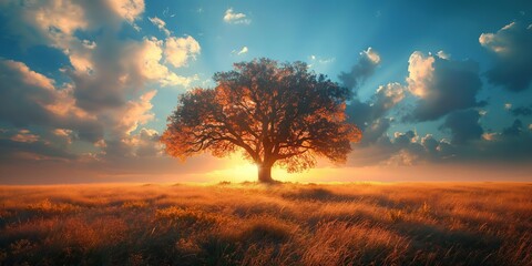 alone big tree with light glow from behind, backlighting light and shadow play beautiful nature landscape, Generative Ai