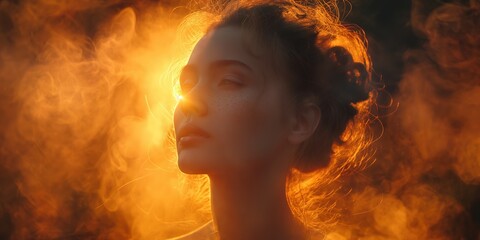 pretty woman close up face portrait with light glow and smoke drifting, Generative Ai	
 - obrazy, fototapety, plakaty