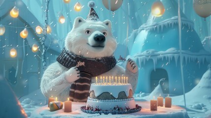 Polar bear celebrating birthday with candles on a cake in a snowy winter setting